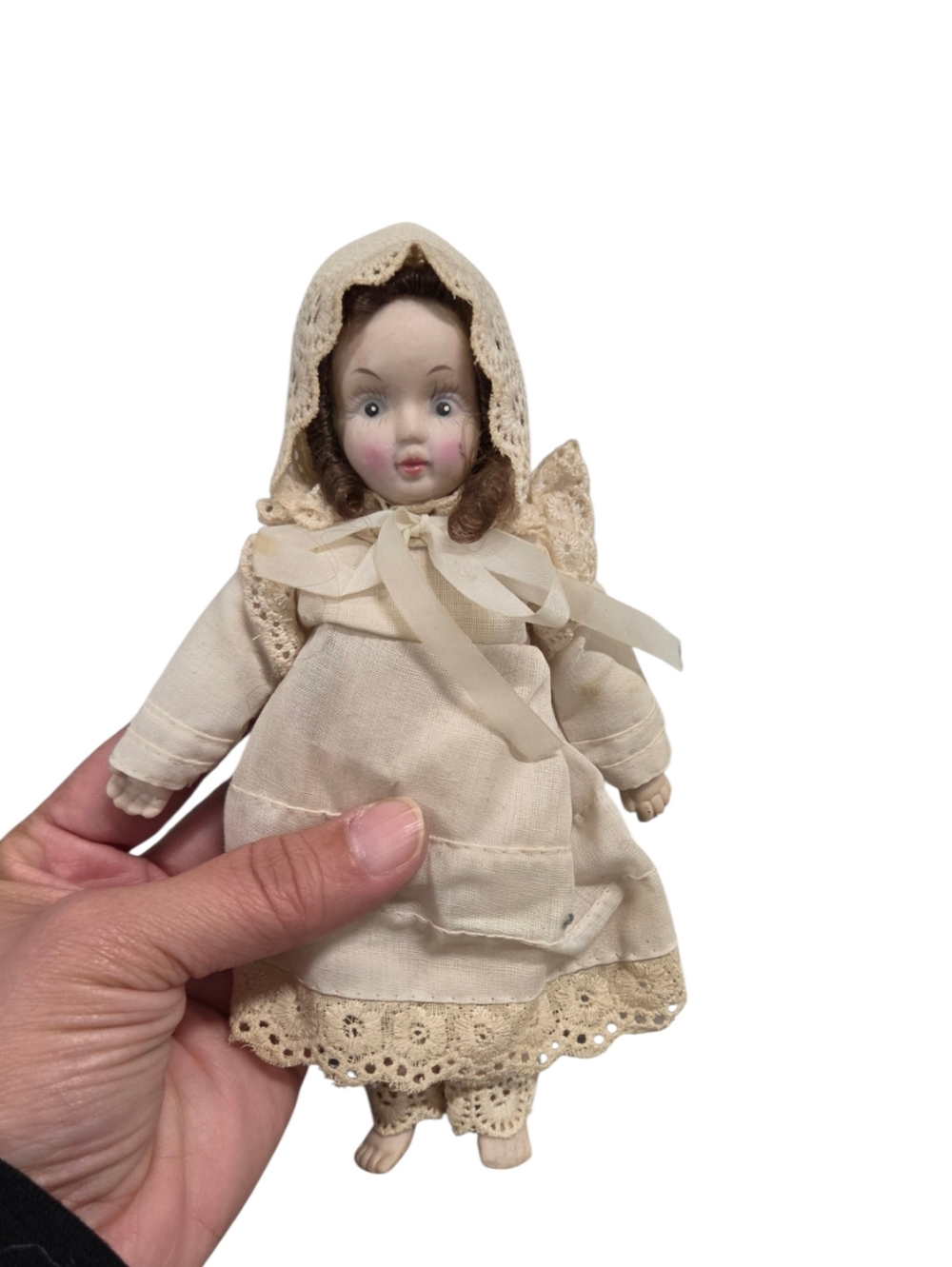 Vintage Porcelain Brown Hair Blue Eyes Head Limbs Plush Body  Doll
